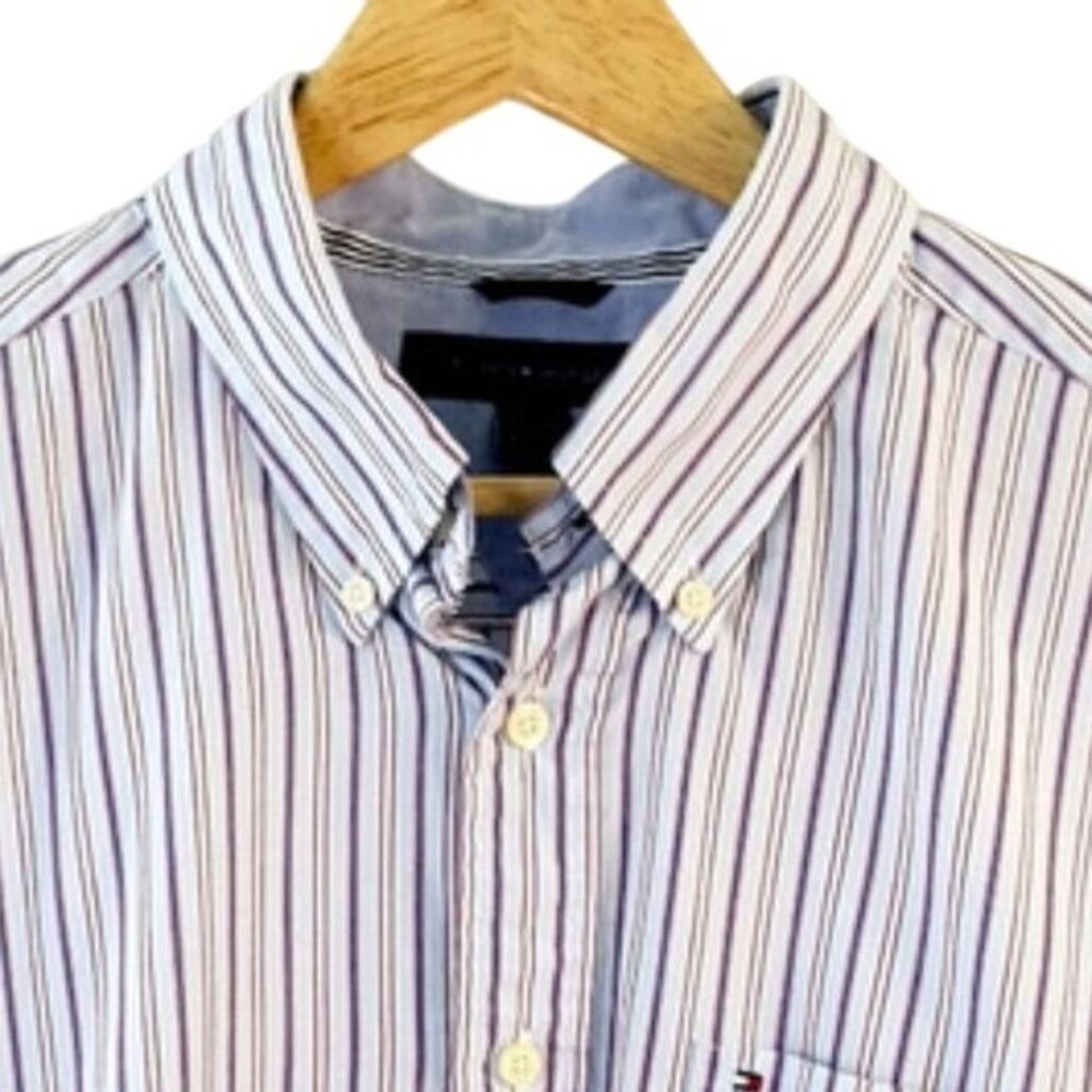 Tommy Hilfiger Mens Button Down Shirt Blue Large White Stripe Long Sleeve